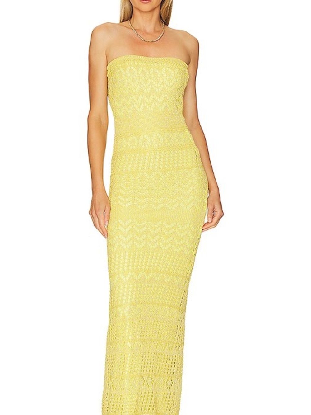 New with Tags SNDYS x Revolve Strapless Crochet Maxi Dress in Lime Shimmer